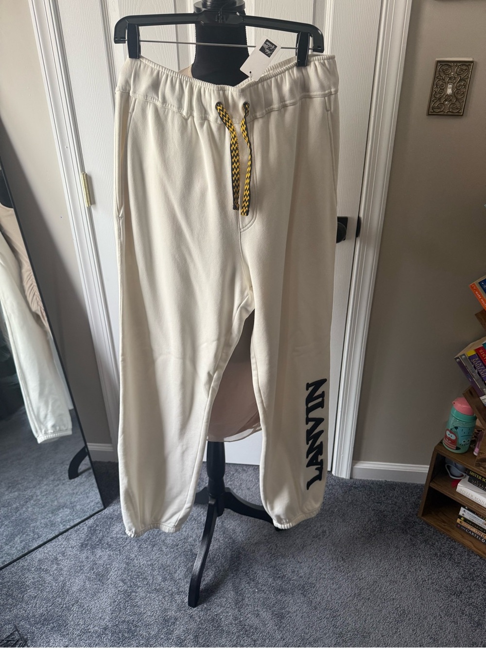 Lanvin Cream Sweatpants with Black Logo and Yellow Drawstring